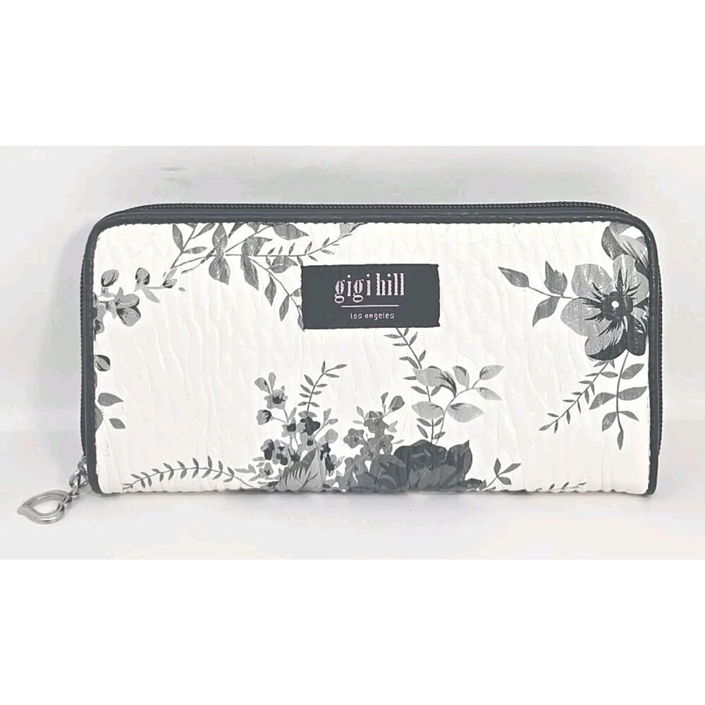 Gigi Hill Los Angeles Full Zip Around Accordion Wallet Black Gray‎ Floral Print
